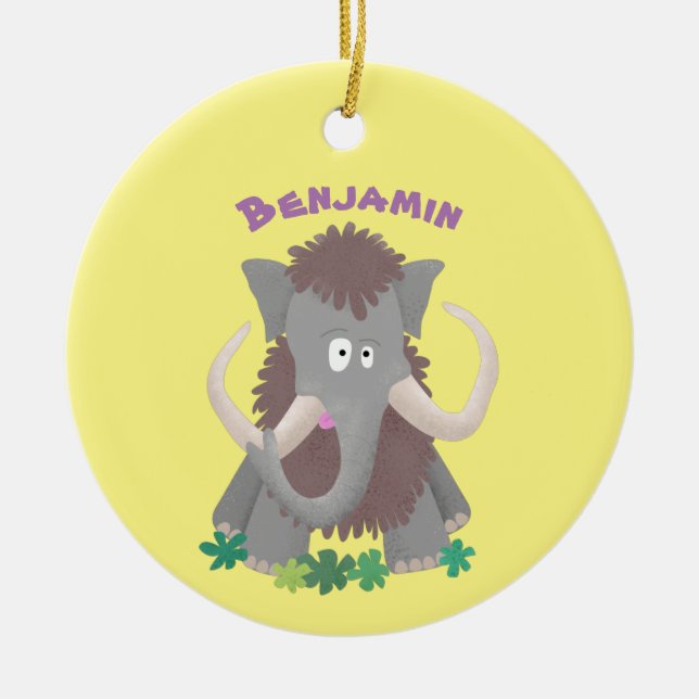 Funny woolly mammoth cartoon illustration ceramic tree decoration (Front)