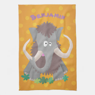 Funny woolly mammoth cartoon illustration tea towel