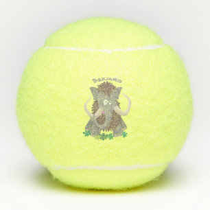 Funny woolly mammoth cartoon illustration tennis balls