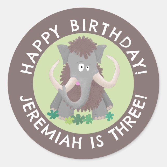 Funny woolly mammoth cartoon personalised birthday classic round sticker (Front)