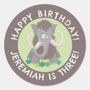 Funny woolly mammoth cartoon personalised birthday classic round sticker