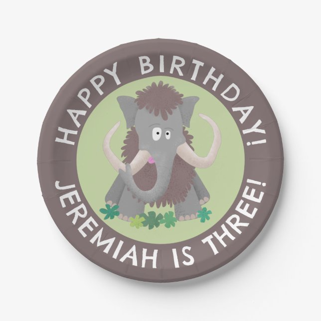 Funny woolly mammoth cartoon personalised birthday paper plate (Front)