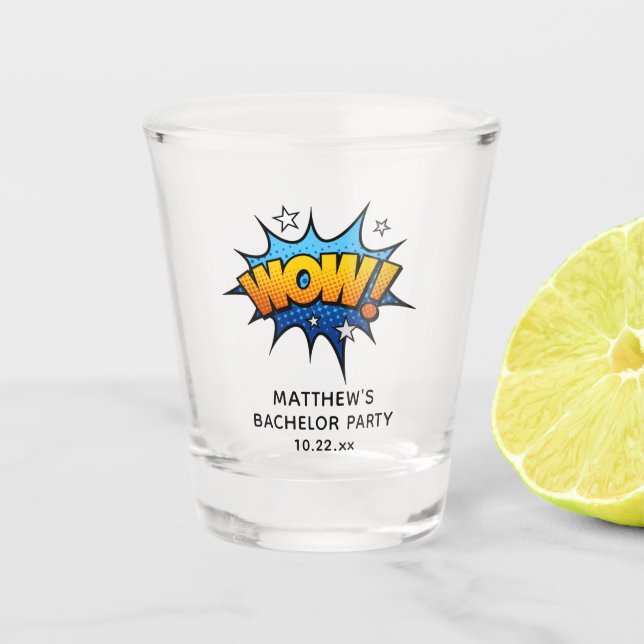 Funny Wow Bachelor Party Wedding Favour Shot Glass (Front)
