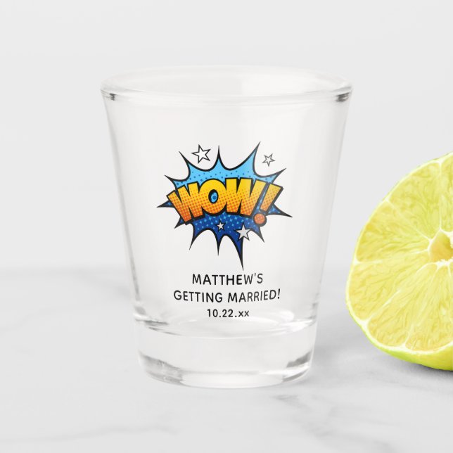 Funny Wow Bachelor Party Wedding Favour Shot Glass (Front)