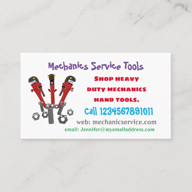 Funny wrench monster tools humour cartoon  business card (Front)