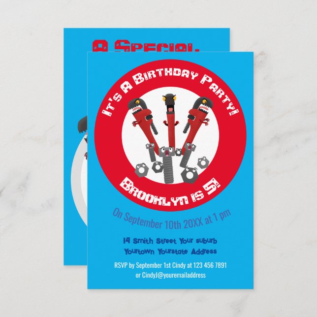 Funny wrench monster tools humour cartoon invitation (Front/Back)