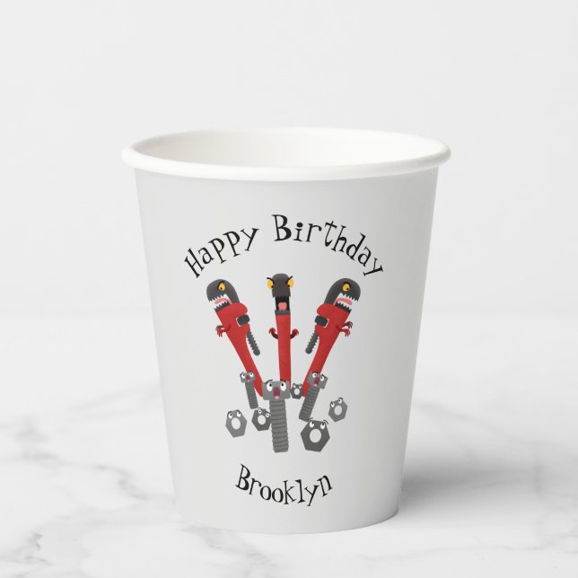 Funny wrench monster tools humour cartoon  paper cups (Front)