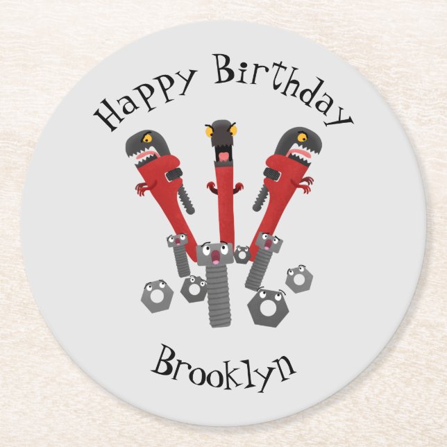 Funny wrench monster tools humour cartoon   round paper coaster (Front)