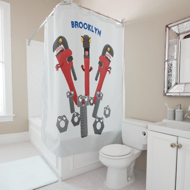 Funny wrench monster tools humour cartoon  shower curtain (In Situ)