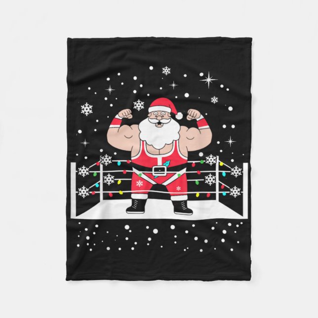 Funny Wrestling Santa Xmas Lights Wrestling Christ Fleece Blanket (Front)