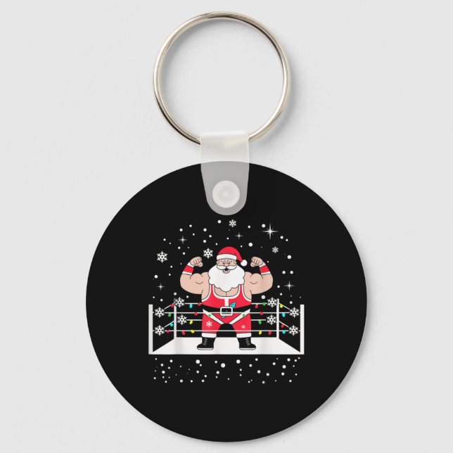 Funny Wrestling Santa Xmas Lights Wrestling Christ Key Ring (Front)