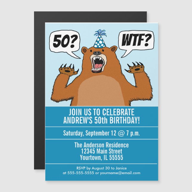 Funny WTF Bear Age-Specific Birthday Magnetic Invitation (Front/Back)