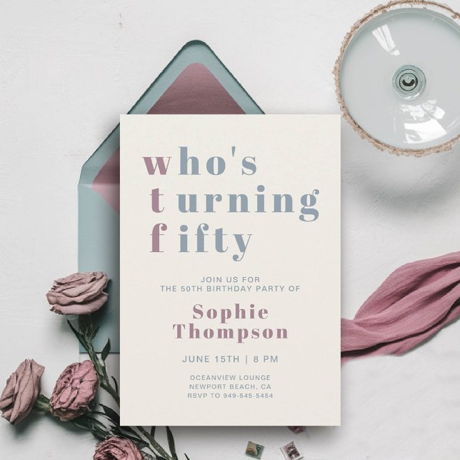 Funny WTF Mauve Dusty Blue 50th Birthday Party Invitation (funny 50th birthday invite for women wtf whos turning fifty mauve dusty blue modern elegant sassy)