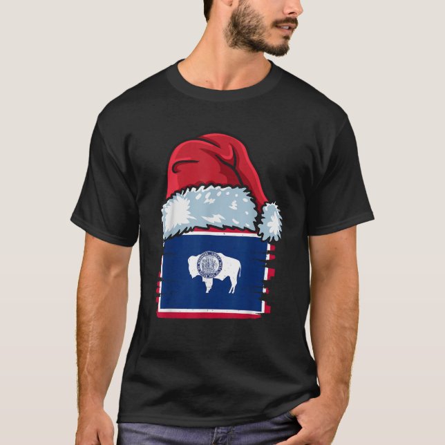 Funny Wyoming celebrates Christmas with Xmas Hat  T-Shirt (Front)