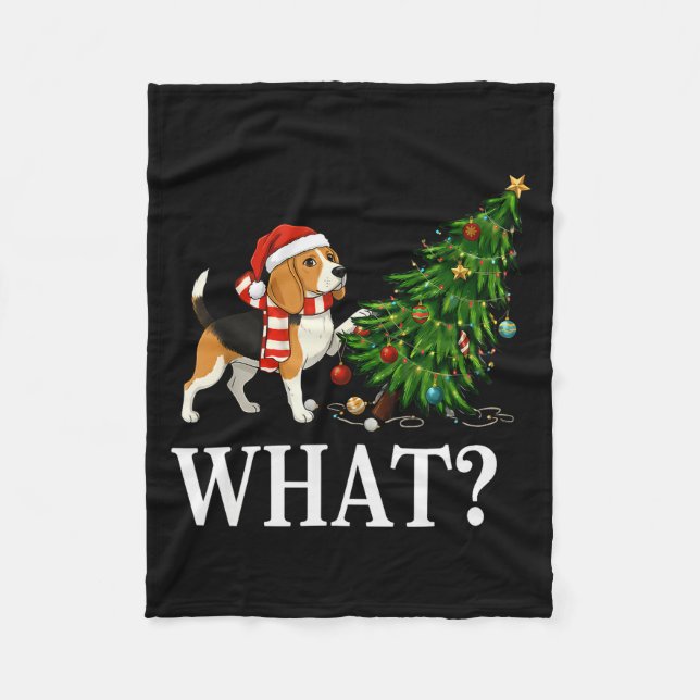 Funny Xmas Beagle Pushing Christmas Tree Over Dog  Fleece Blanket (Front)