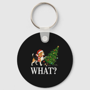 Funny Xmas Beagle Pushing Christmas Tree Over Dog  Key Ring
