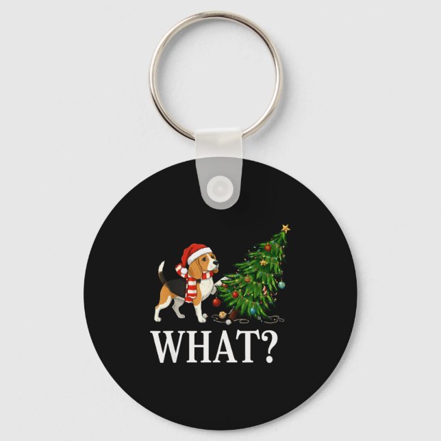 Funny Xmas Beagle Pushing Christmas Tree Over Dog  Key Ring (Front)