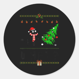 Funny Xmas Black Cat Pushing Christmas Tree Over C Classic Round Sticker
