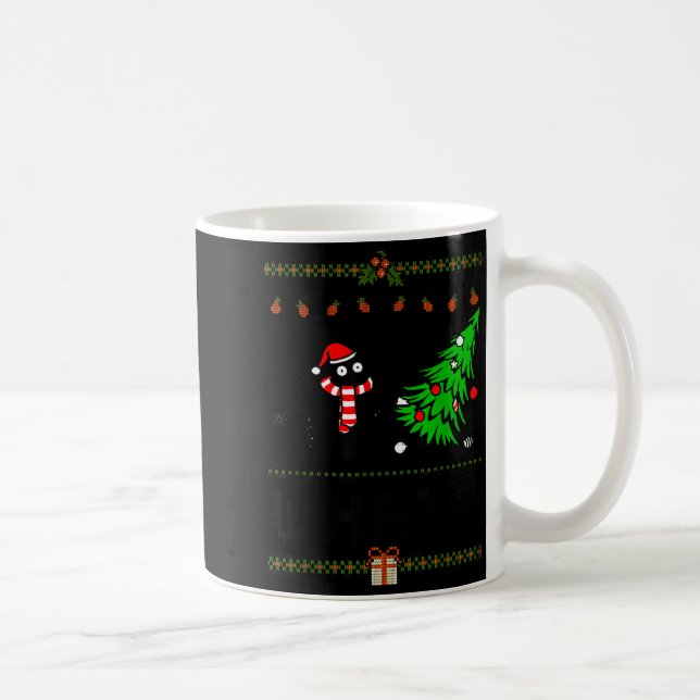 Funny Xmas Black Cat Pushing Christmas Tree Over C Coffee Mug (Right)