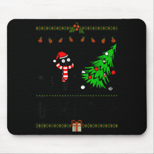 Funny Xmas Black Cat Pushing Christmas Tree Over C Mouse Mat