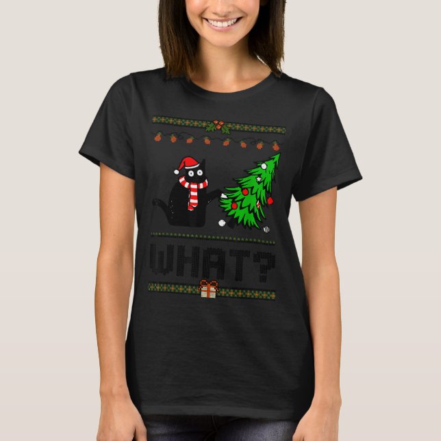 Funny Xmas Black Cat Pushing Christmas Tree Over C T-Shirt (Front)