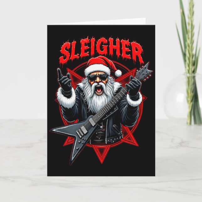 Funny Xmas Christmas Guitar Santa Sleigher Heavy M Card (Front)