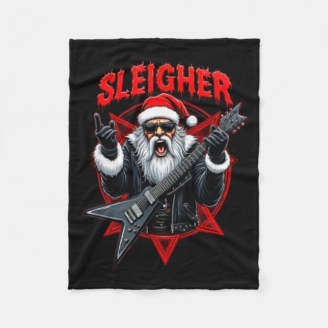 Funny Xmas Christmas Guitar Santa Sleigher Heavy M Fleece Blanket (Front)