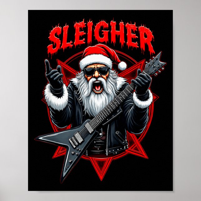 Funny Xmas Christmas Guitar Santa Sleigher Heavy M Poster (Front)