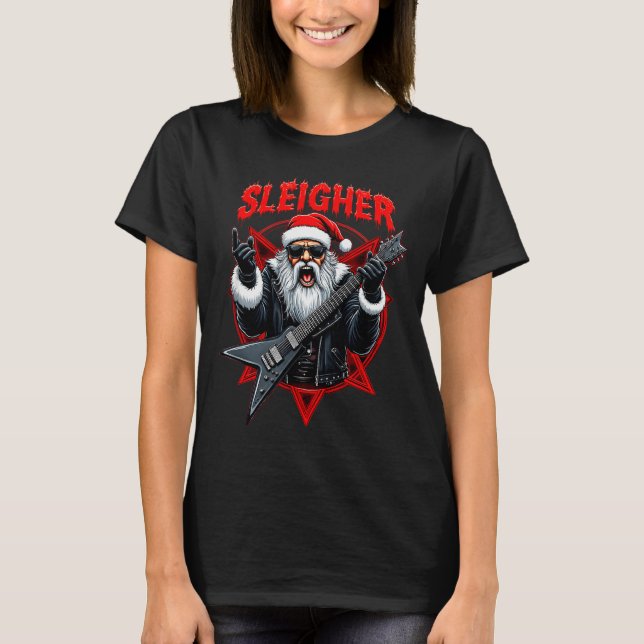 Funny Xmas Christmas Guitar Santa Sleigher Heavy M T-Shirt (Front)