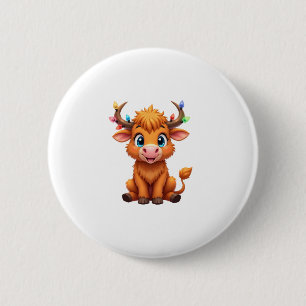 Funny Xmas Cow Lights Boys Girls Cute Highland Cow 6 Cm Round Badge