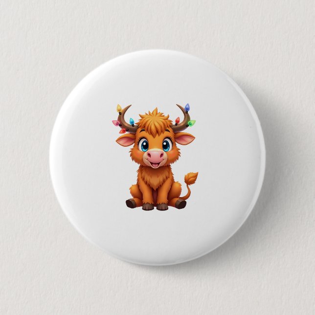 Funny Xmas Cow Lights Boys Girls Cute Highland Cow 6 Cm Round Badge (Front)
