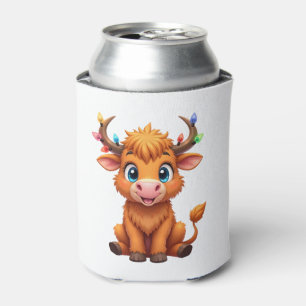 Funny Xmas Cow Lights Boys Girls Cute Highland Cow Can Cooler
