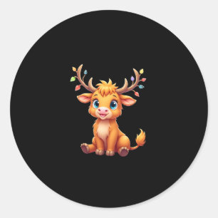 Funny Xmas Cow Lights Boys Girls Cute Highland Cow Classic Round Sticker