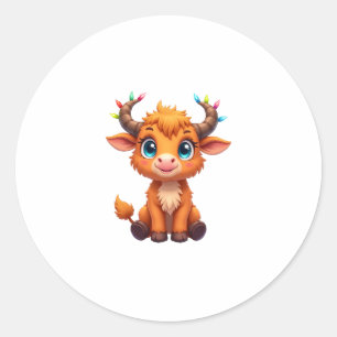 Funny Xmas Cow Lights Boys Girls Cute Highland Cow Classic Round Sticker