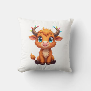 Funny Xmas Cow Lights Boys Girls Cute Highland Cow Cushion