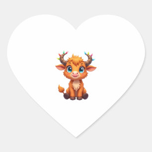 Funny Xmas Cow Lights Boys Girls Cute Highland Cow Heart Sticker