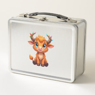 Funny Xmas Cow Lights Boys Girls Cute Highland Cow Metal Lunch Box