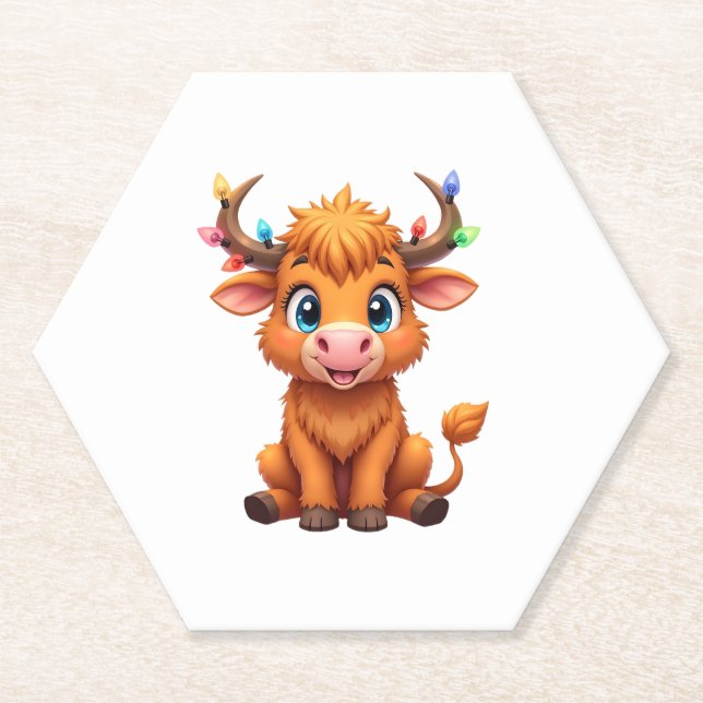 Funny Xmas Cow Lights Boys Girls Cute Highland Cow Paper Coaster (Front)