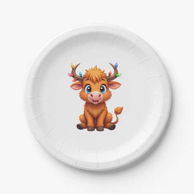 Funny Xmas Cow Lights Boys Girls Cute Highland Cow Paper Plate (Front)