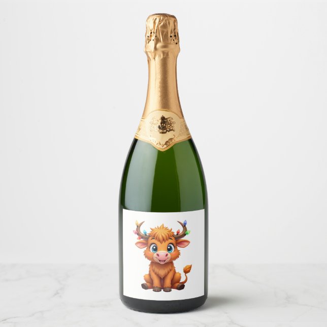 Funny Xmas Cow Lights Boys Girls Cute Highland Cow Sparkling Wine Label (Front)