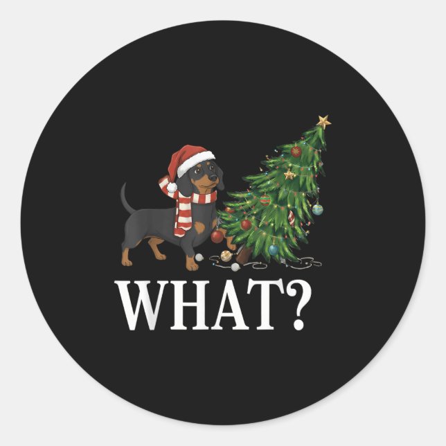 Funny Xmas Dachshundpushing Christmas Tree Over Do Classic Round Sticker (Front)