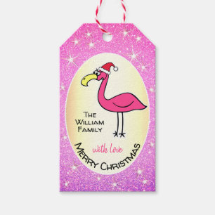 Funny Xmas Flamingo Pink Glitter Personalizable Gift Tags