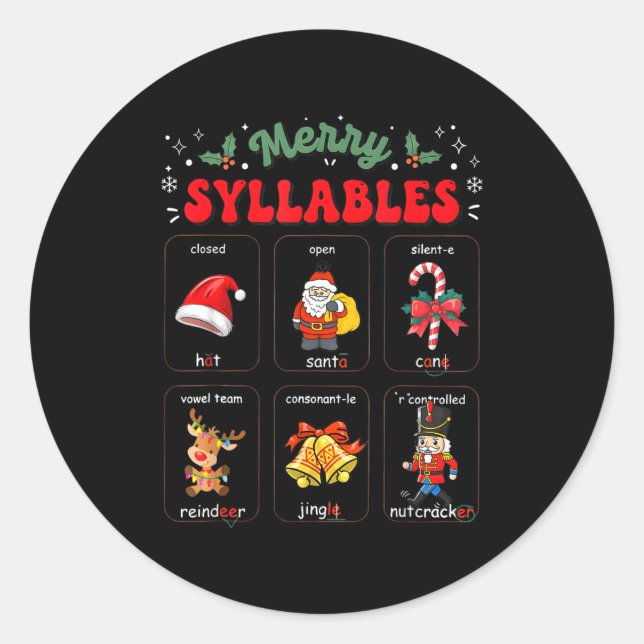 Funny Xmas Holiday Christmas Syllables Reading Tea Classic Round Sticker (Front)