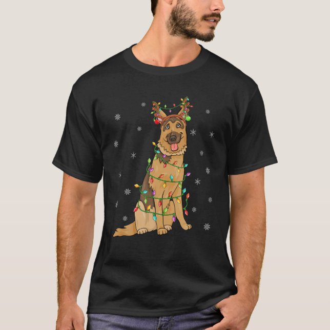 Funny Xmas Lighting Reindeer Hat Belgian Malinois T-Shirt (Front)
