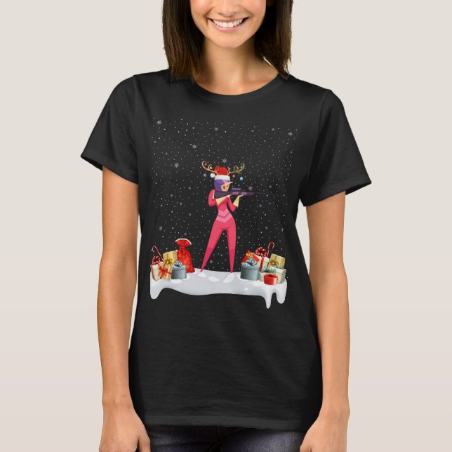 Funny Xmas Lighting Reindeer Santa Hat Biathlon Ch T-Shirt (Front)