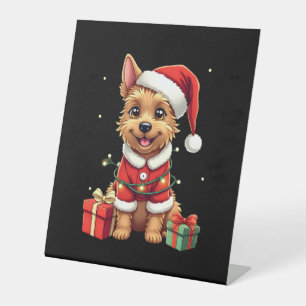 Funny Xmas Lighting Santa Border Terrier Dog Chris Pedestal Sign