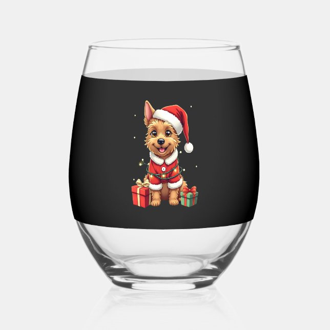 Funny Xmas Lighting Santa Border Terrier Dog Chris Stemless Wine Glass (Front)
