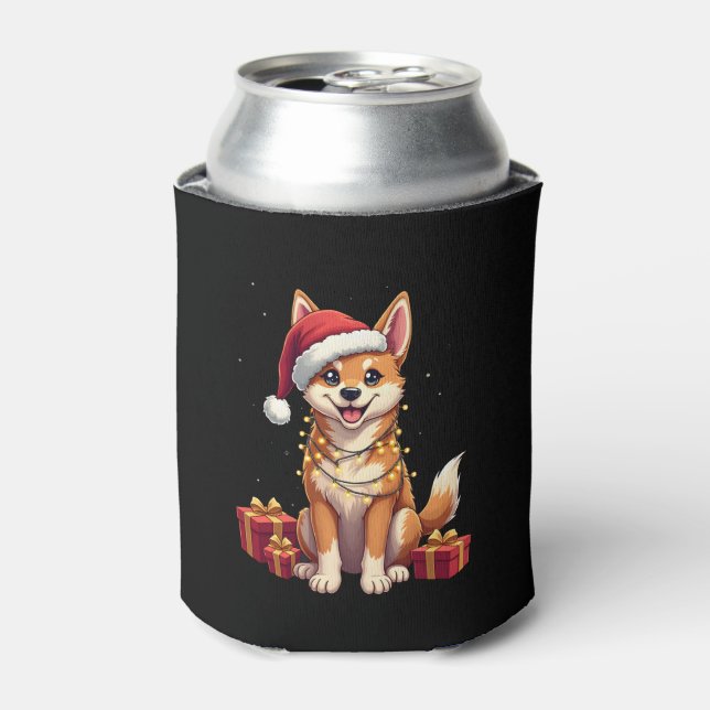 Funny Xmas Lighting Santa Hat Tamaskan Dog Christm Can Cooler (Can Front)