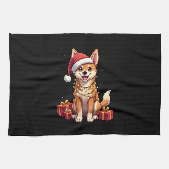 Funny Xmas Lighting Santa Hat Tamaskan Dog Christm Tea Towel (Horizontal)