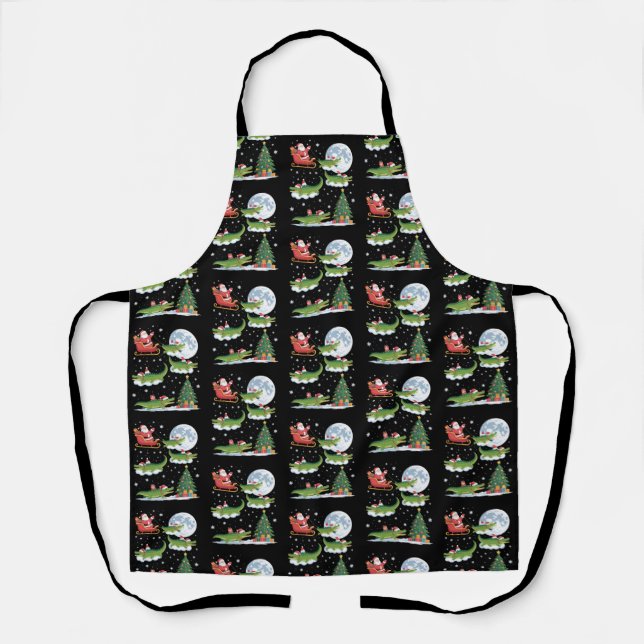Funny Xmas Lighting Tree Santa Riding Alligator  Apron (Front)